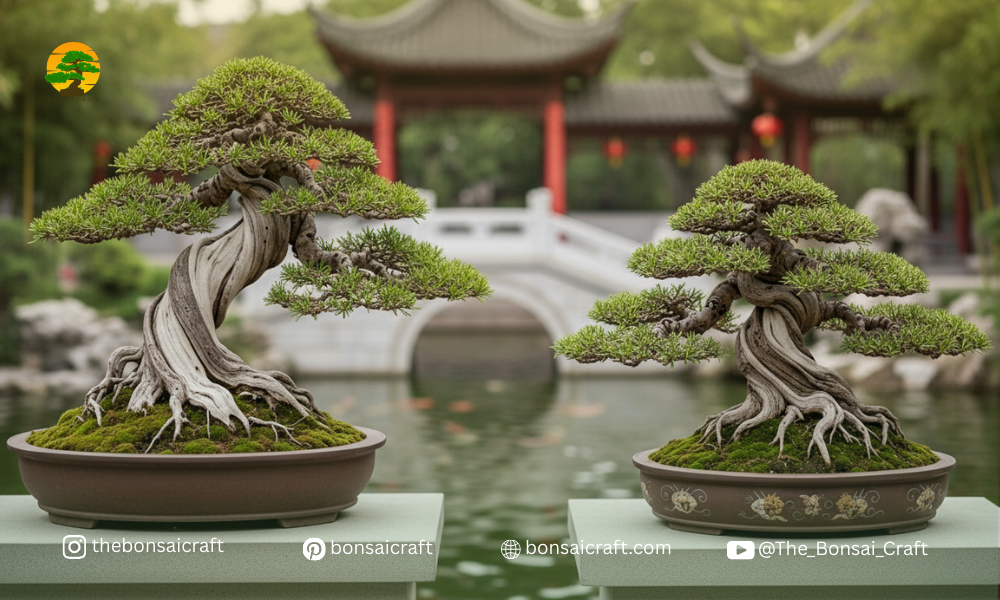 Ancient Chinese bonsai-style tree planting (penjing), showing miniature trees in shallow containers