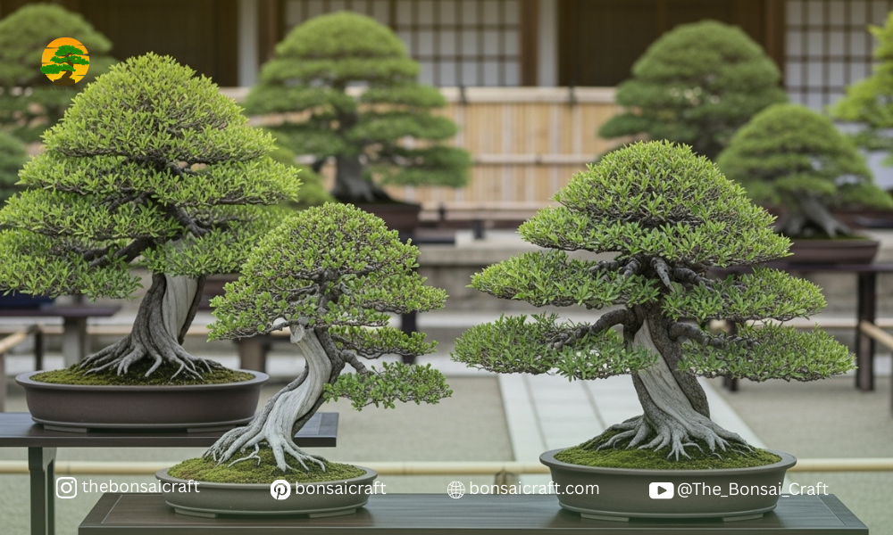 Traditional Japanese bonsai trees displayed in pots, representing refined bonsai art and cultural history