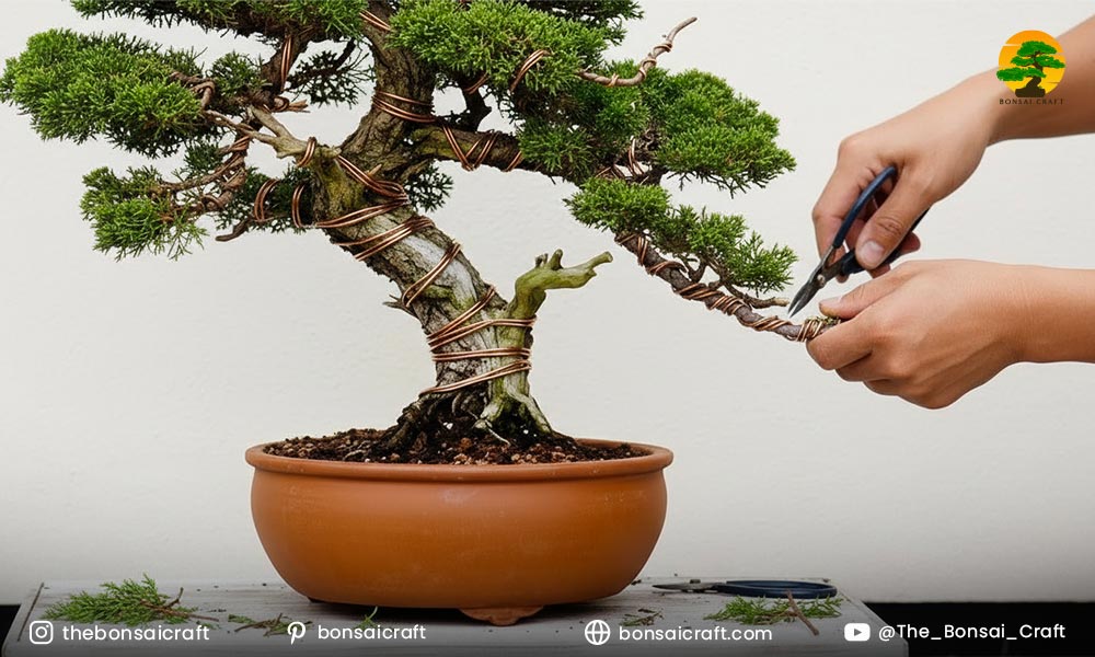 Hands wiring bonsai branches with aluminum wire, demonstrating correct wiring angle and branch support