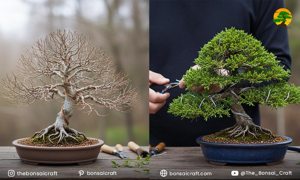 Bonsai tree prepared for wiring during the active growth season, showing flexible branches ready for shaping