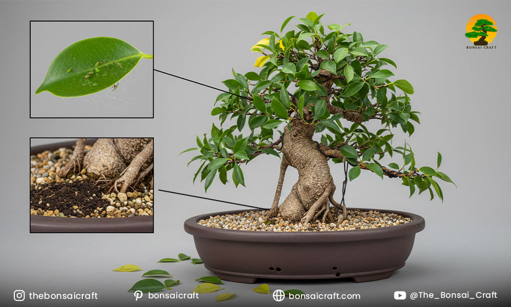 Ficus bonsai leaves showing yellowing and drop, highlighting common bonsai care problems.