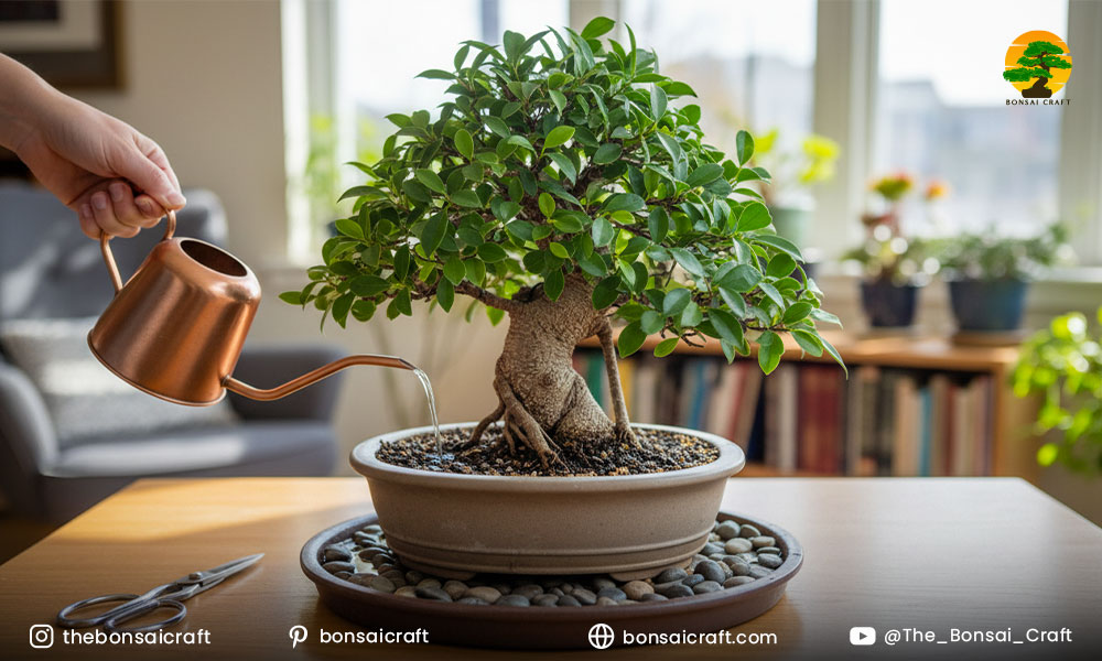 Ficus bonsai receiving regular care, including leaf trimming, watering, and light placement.
