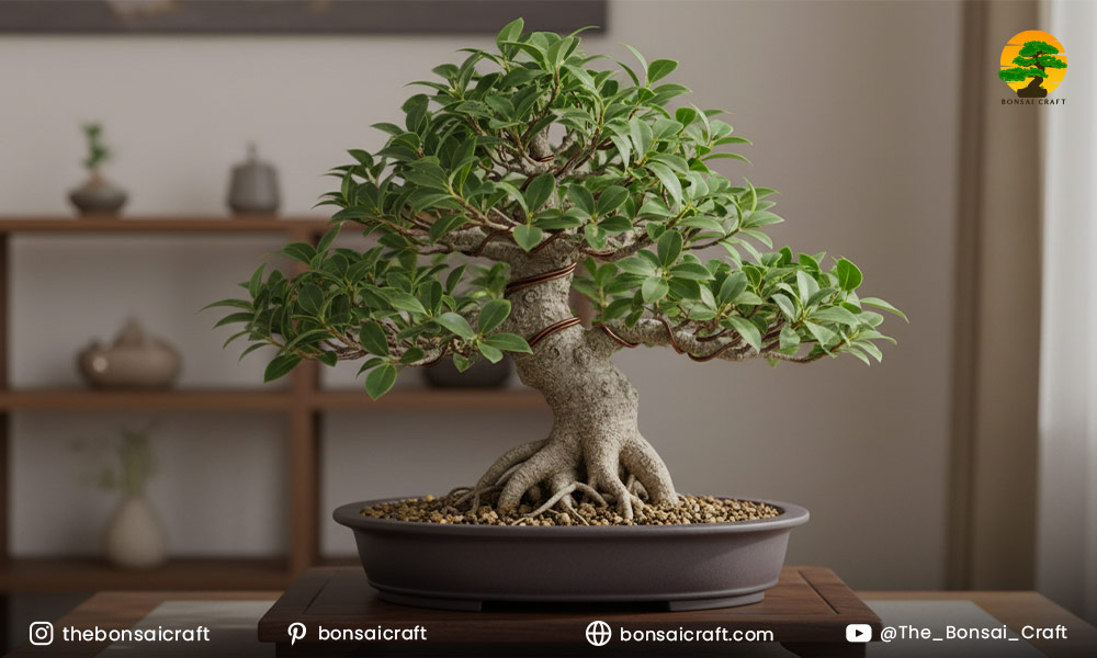 Well-shaped Ficus bonsai with thick trunk and glossy leaves, ideal for beginners and indoor growing.