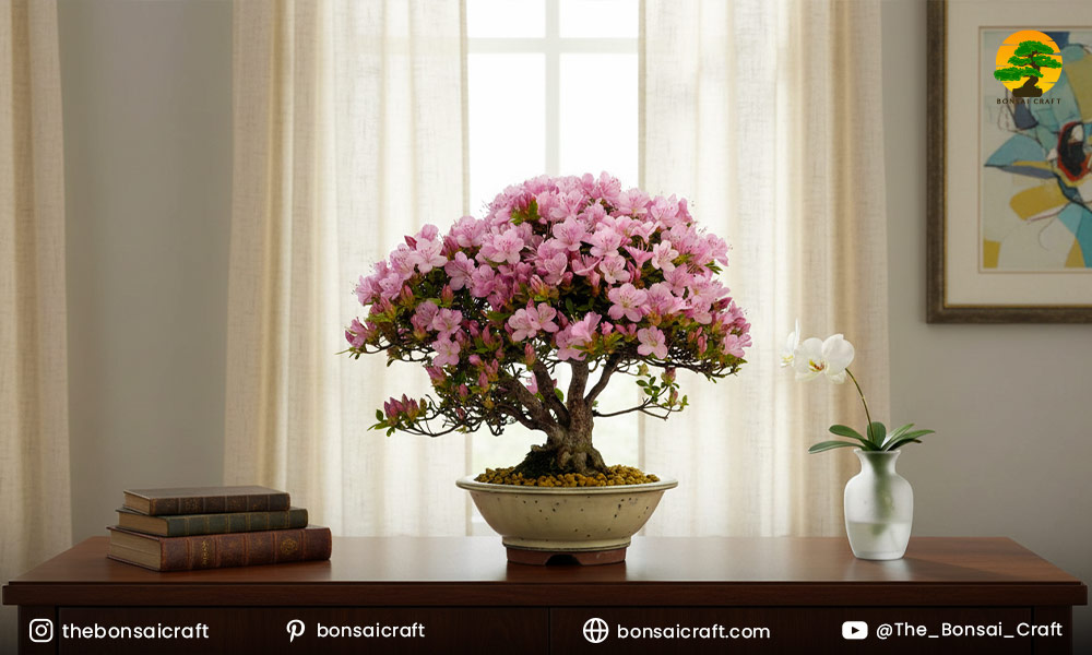 Azalea bonsai in full bloom with vibrant flowers, showing proper care techniques for maximum flowering