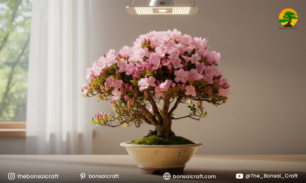 Azalea bonsai placed in bright, filtered light with well-draining acidic soil for ideal growing conditions