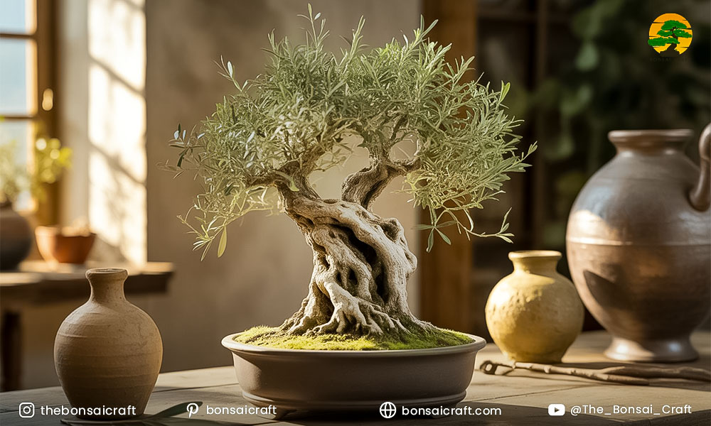 Different Olive Tree Bonsai styles including upright, slanting, and cascade forms displayed on wooden stands