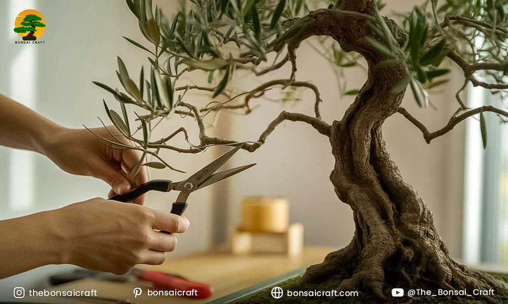 Gardener pruning and shaping Olive Bonsai branches with precision scissors for balanced structure