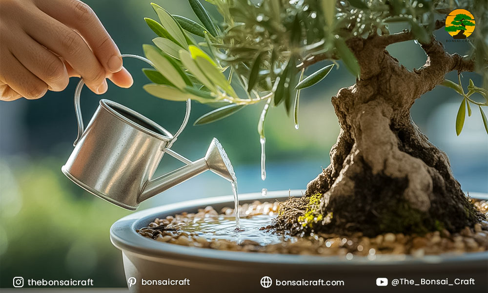 Person watering an Olive Tree Bonsai carefully with a spray bottle to maintain proper moisture balance