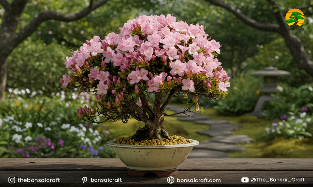 Azalea bonsai displaying vibrant flowers and fine branching, highlighting its unique beauty and bonsai character