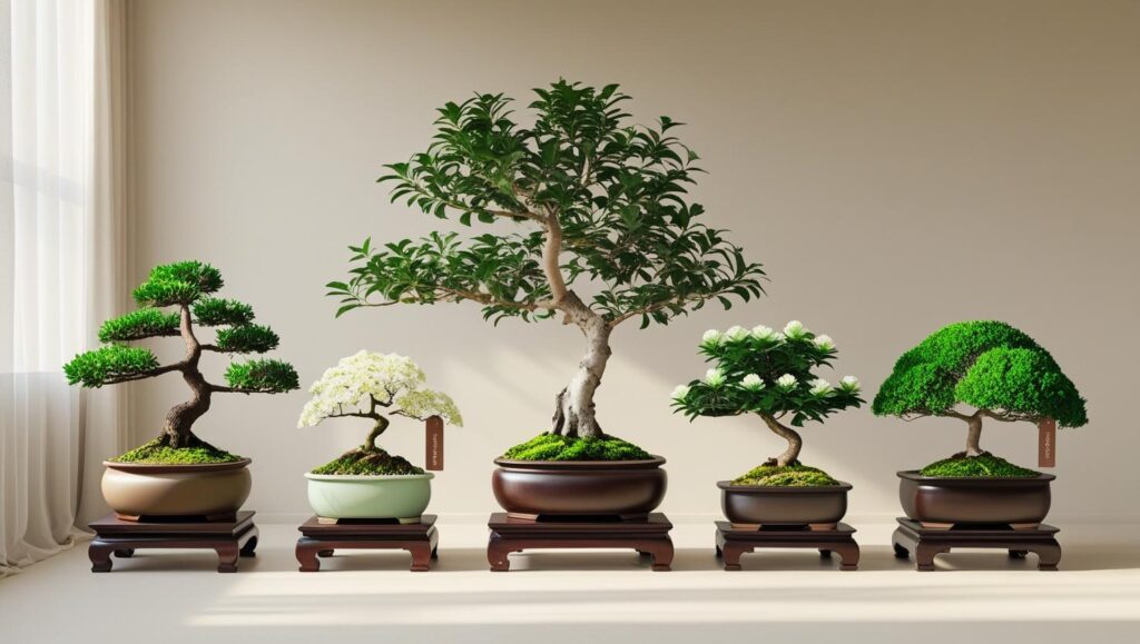Top indoor bonsai trees including Ficus, Chinese Elm, Jade, Serissa, and Schefflera, labeled with size and care level in an indoor display.