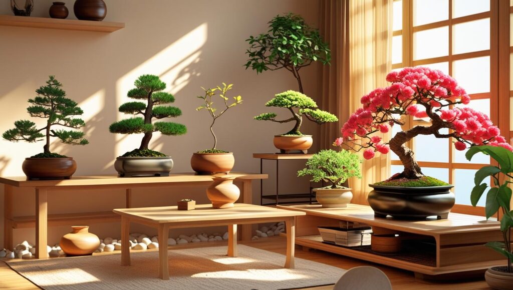 Different types of indoor bonsai trees like Ficus, Jade, Chinese Elm, and Pomegranate placed in a cozy sunlit living room, showing bonsai care and space-friendly setup