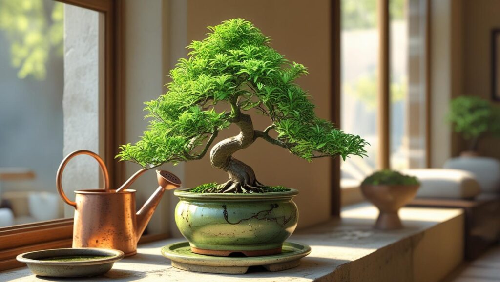 Hand checking the moisture of the soil in an indoor bonsai tree pot near a window with indirect sunlight, showing proper watering care and drainage.