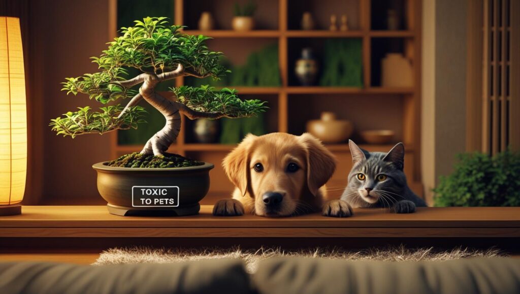 A Jade bonsai labeled pet-safe and a Ficus bonsai labeled toxic, placed on a shelf above a curious cat and dog in a cozy living room.