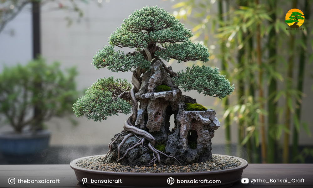 Step-by-step bonsai rock planting process showing root placement and securing the tree to stone