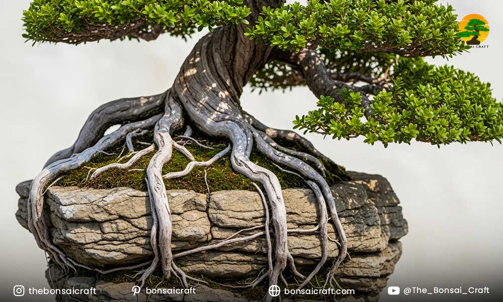 Bonsai growing on rock highlighting exposed roots, natural balance, and dramatic aesthetic appeal