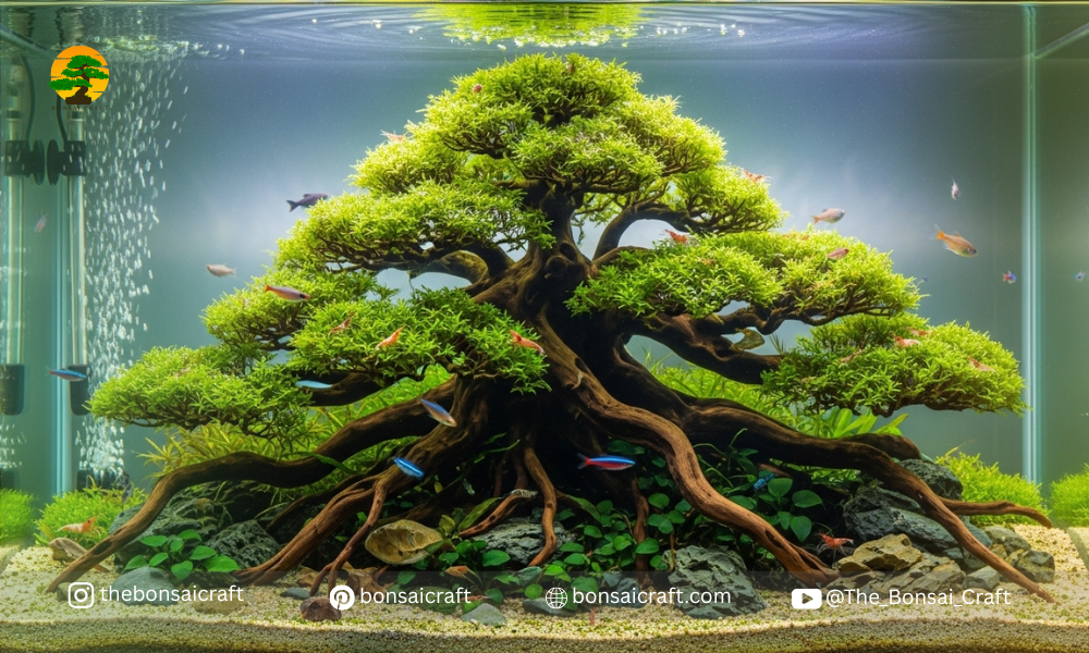 Aquarium bonsai tree enhancing aquascape beauty while providing shelter and natural habitat for fish