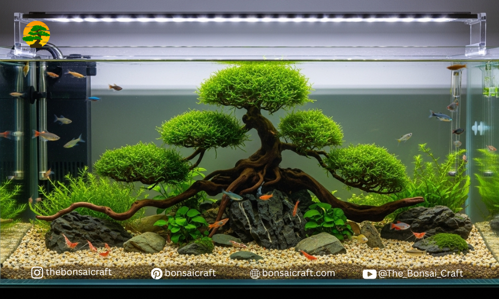 Aquarium bonsai driftwood floating at the surface before soaking and proper placement