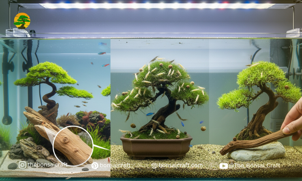 Maintaining an aquarium bonsai tree with proper lighting, plant attachment, and water conditions