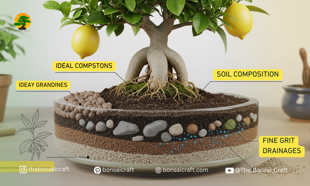Well-draining bonsai soil mix prepared for a lemon bonsai tree, showing balanced texture and aeration