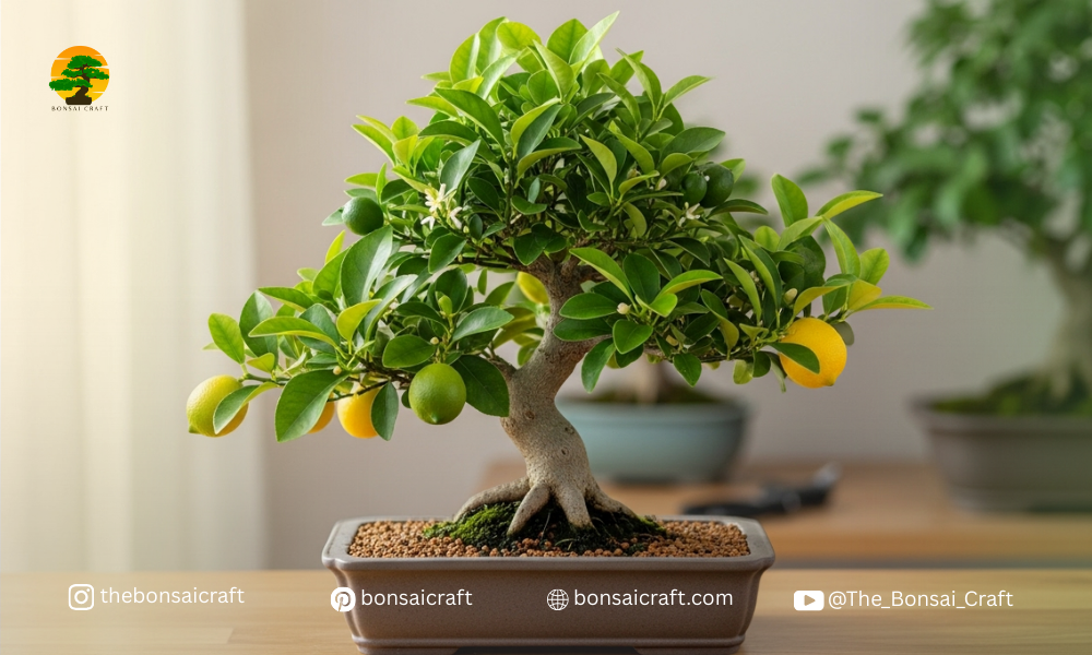 Healthy bonsai lemon tree receiving sunlight and regular care, with vibrant leaves and developing fruit