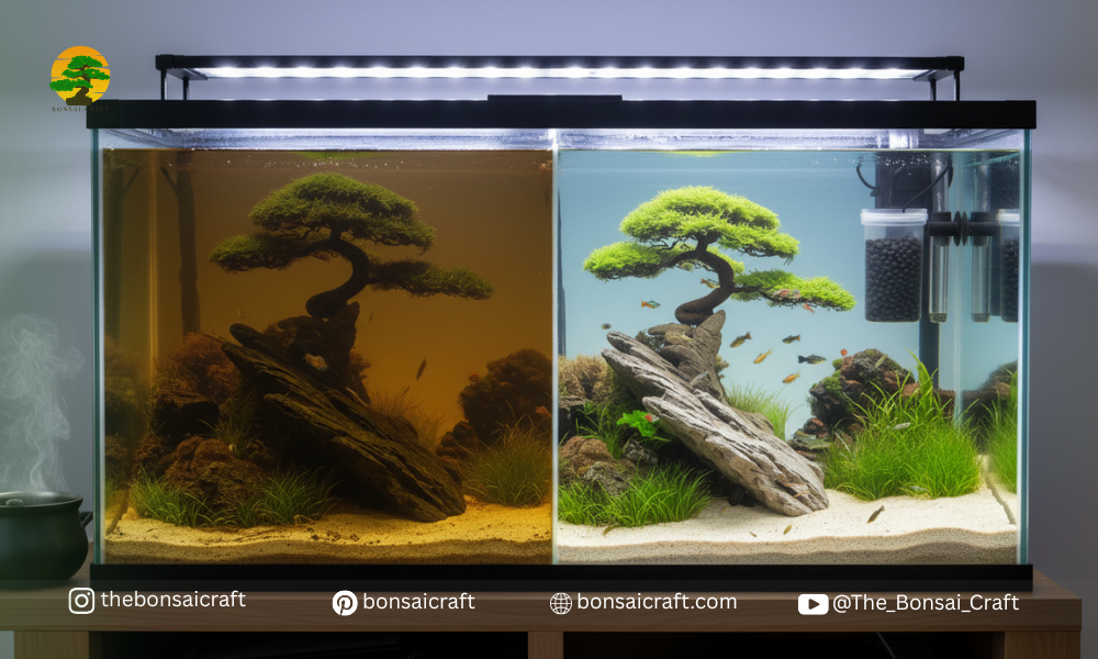 Brown aquarium water caused by tannins released from new bonsai driftwood inside the tank