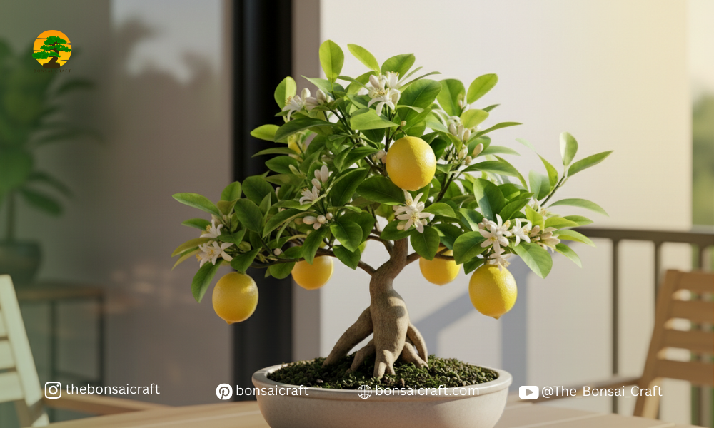 Small lemon bonsai tree growing in a shallow pot with glossy green leaves and miniature lemons