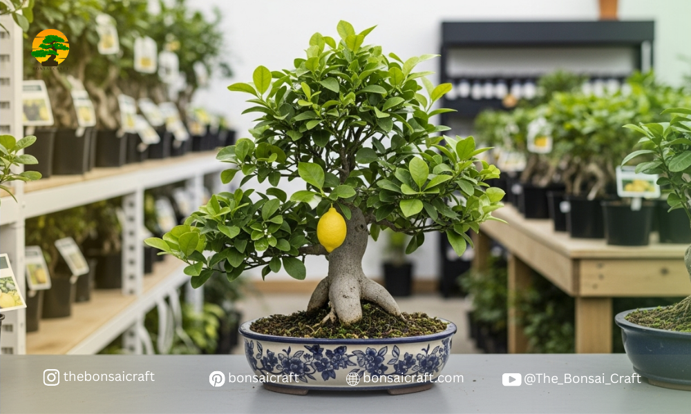 Young lemon bonsai trees displayed at a plant nursery, ready for purchase and home growing
