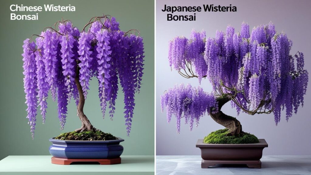 Comparison of Chinese and Japanese Wisteria Bonsai trees with flower differences