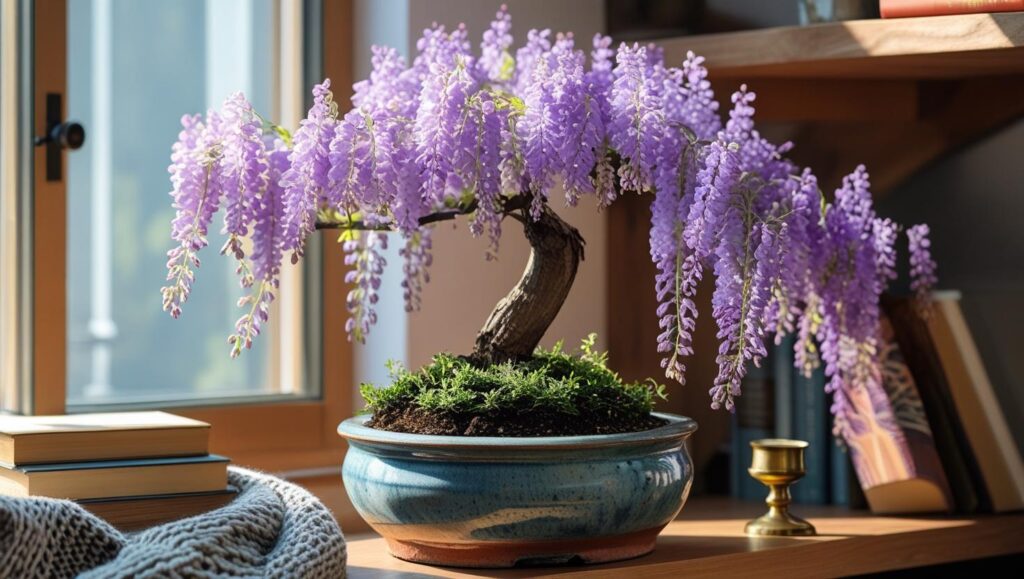 Blooming Wisteria Bonsai placed near a sunny indoor window on a shelf with cozy home decor around it.