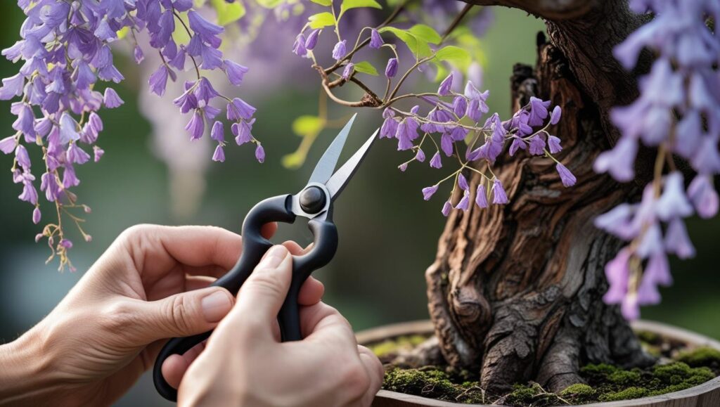 Close-up of hands pruning a Wisteria Bonsai tree using bonsai scissors, focusing on delicate flowers and leaves