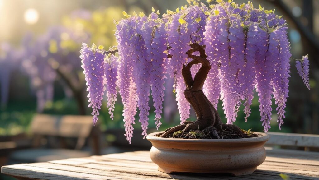 Blooming Wisteria Bonsai tree with cascading purple flowers in a pot outdoors