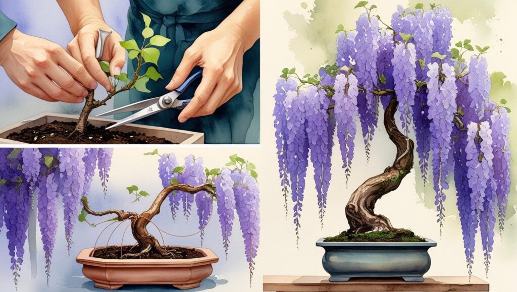 4-panel illustration showing Wisteria Bonsai growth: cutting, potting, pruning, and a fully bloomed bonsai.