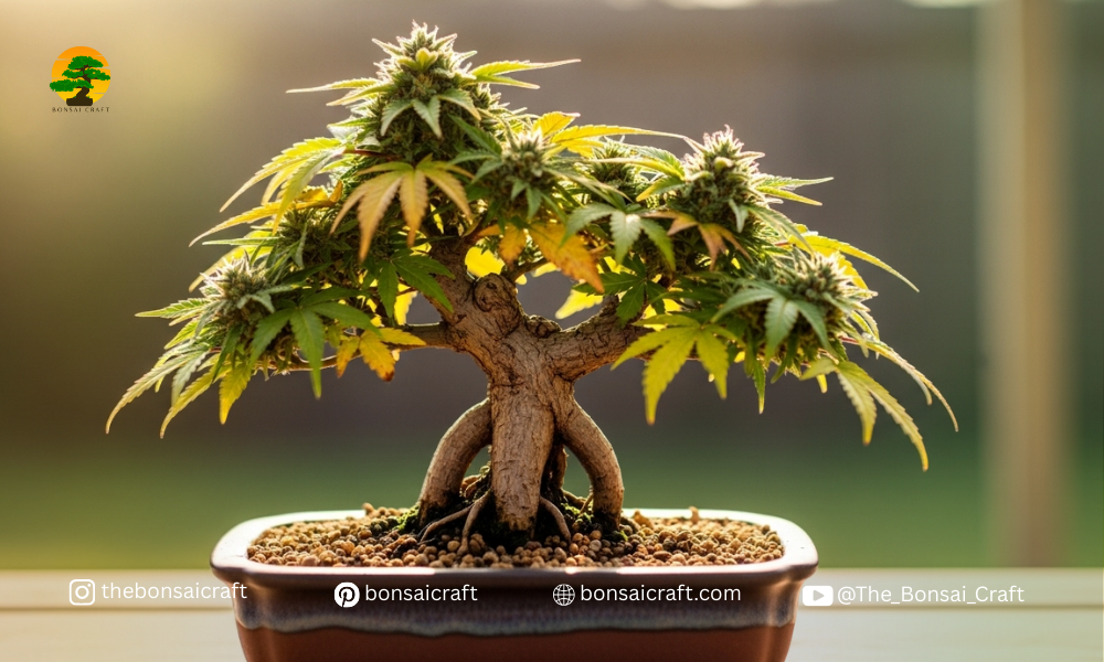 Cannabis bonsai trained with advanced techniques such as branch shaping and canopy control