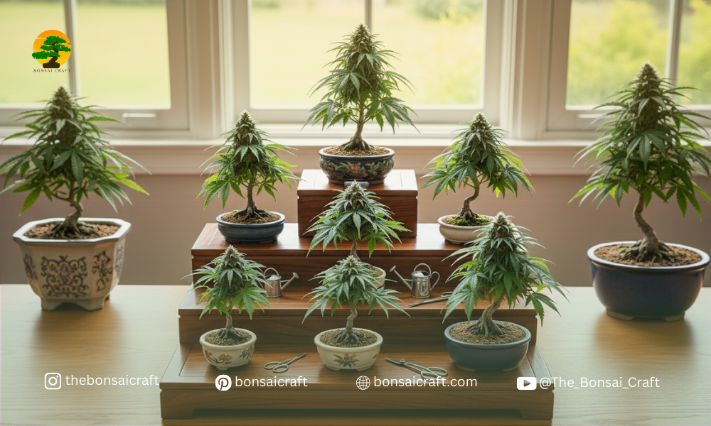 Different types of cannabis bonsai plants showing varied leaf shapes, sizes, and growth forms