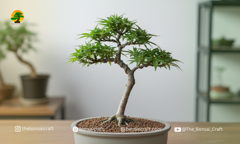 Cannabis bonsai styled like a miniature tree, demonstrating bonsai shaping techniques on cannabis plants