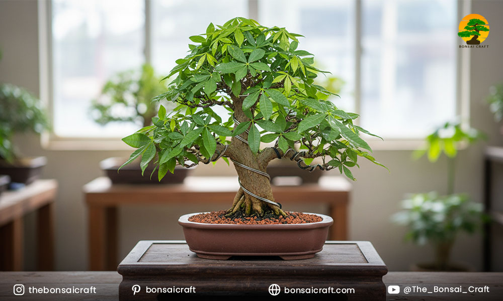 Money Tree bonsai trained through pruning and branch positioning without wire for natural styling