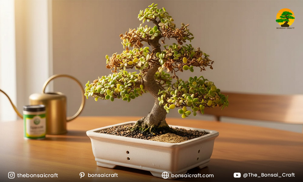 Elephant Bush bonsai leaves showing signs of stress, such as leaf drop or discoloration, highlighting common care issues