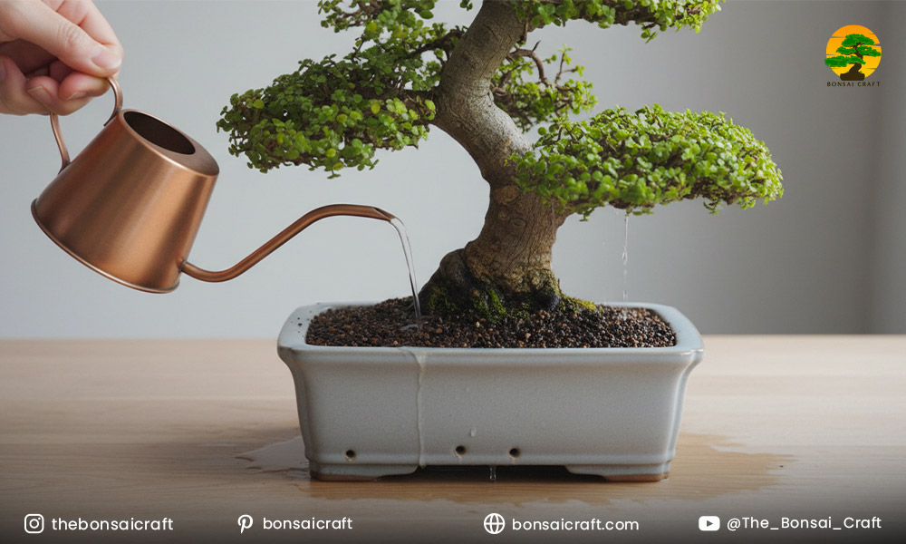 Watering an Elephant Bush bonsai carefully, showing proper moisture control for Portulacaria afra