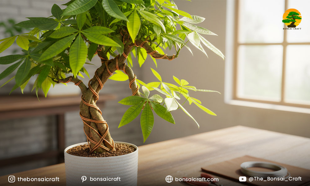 Step-by-step wiring process on a Money Tree bonsai, showing proper wire placement and branch positioning