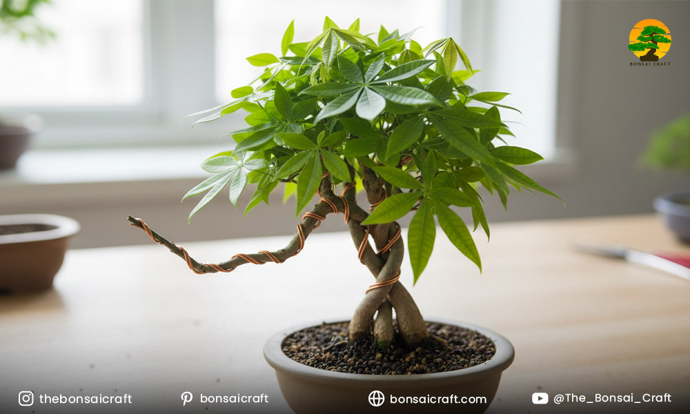 Money Tree bonsai branches gently wired to guide growth and improve overall shape and structure