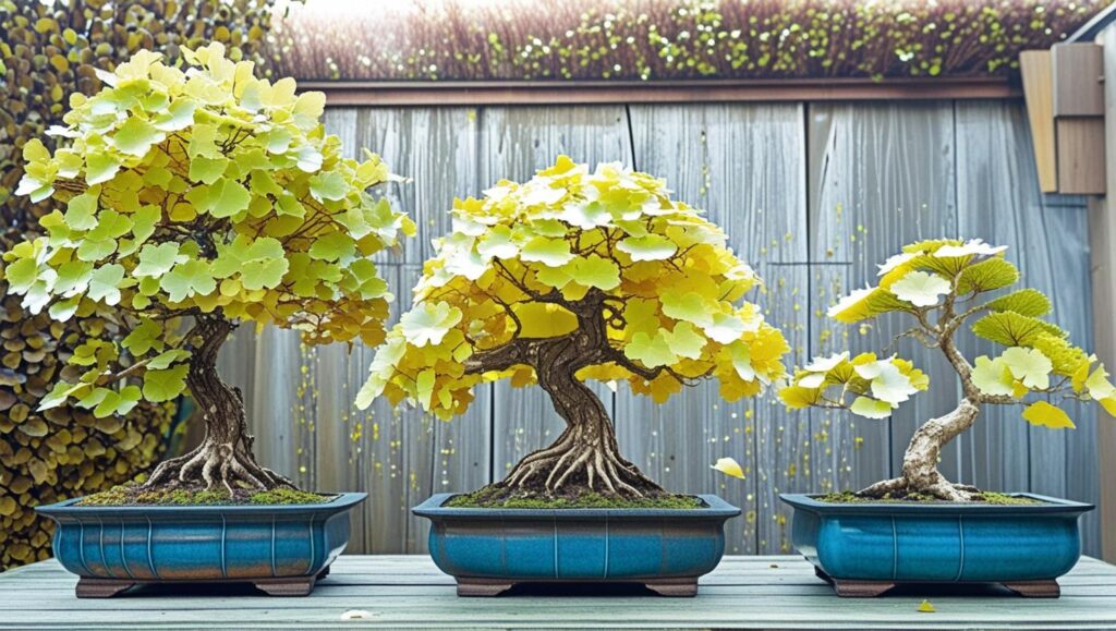 Side-by-side display of ginkgo bonsai in formal upright, informal upright, and group planting styles in shallow bonsai pots.
