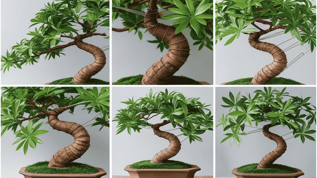Trained Hawaiian Umbrella Bonsai with properly wired branches and gentle bending technique
