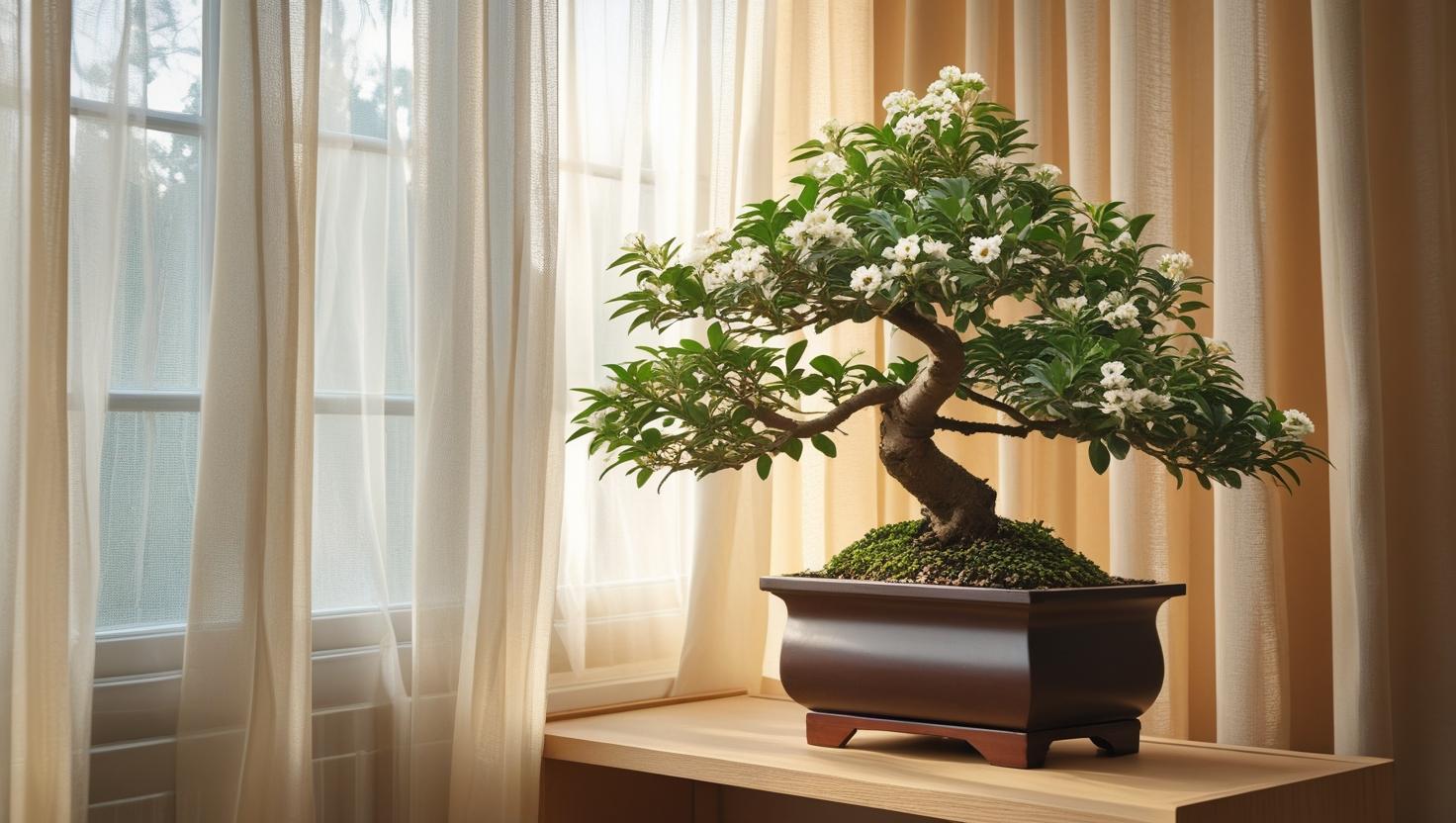 Serissa Bonsai tree placed near a window receiving bright indirect sunlight indoors