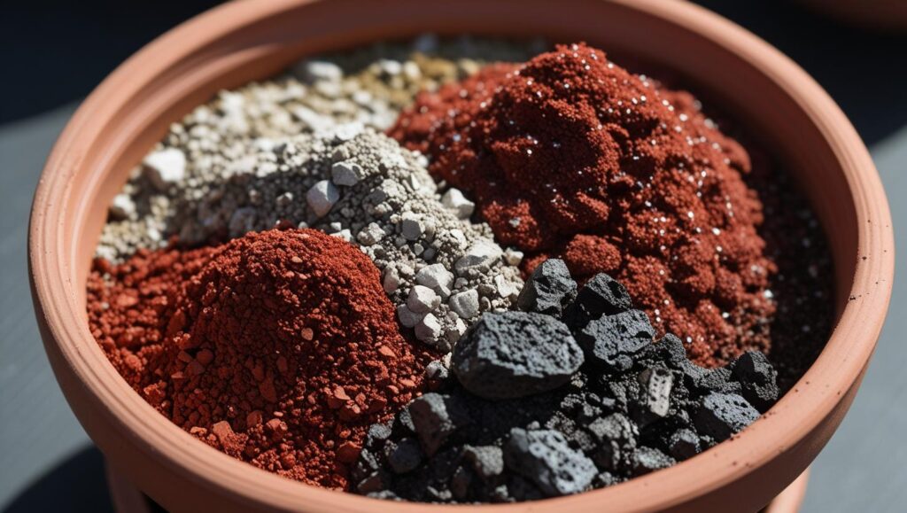 A top-down view of bonsai soil mix showing akadama, pumice, and lava rock being added to a small bonsai pot, ready for planting