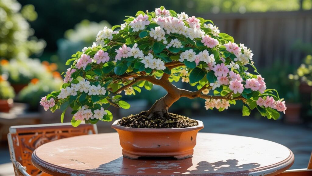 Serissa Bonsai tree blooming with white and pink flowers in summer outdoors