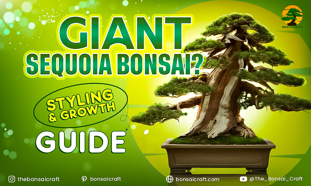 Comparison of a full-sized Giant Sequoia bonsai tree in the wild and a miniature Sequoia Bonsai in a ceramic pot.