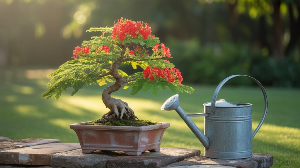 Royal Poinciana Bonsai placed in sunlight with a watering can for daily care.