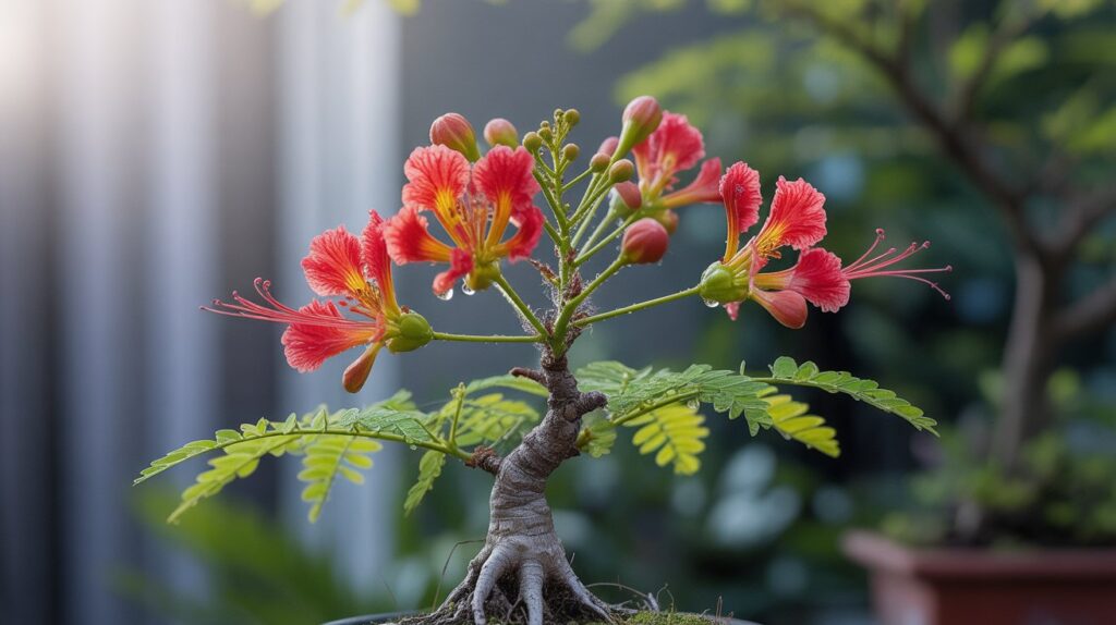 Close-up of vibrant red-orange flowers on a mature Royal Poinciana Bonsai tree.