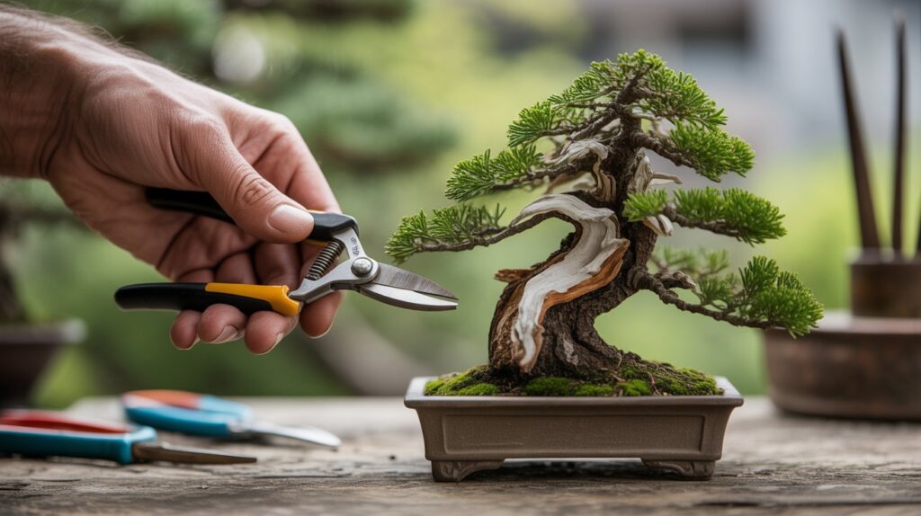 Trimming a Sequoia Bonsai using sharp, sterilized pruning shears