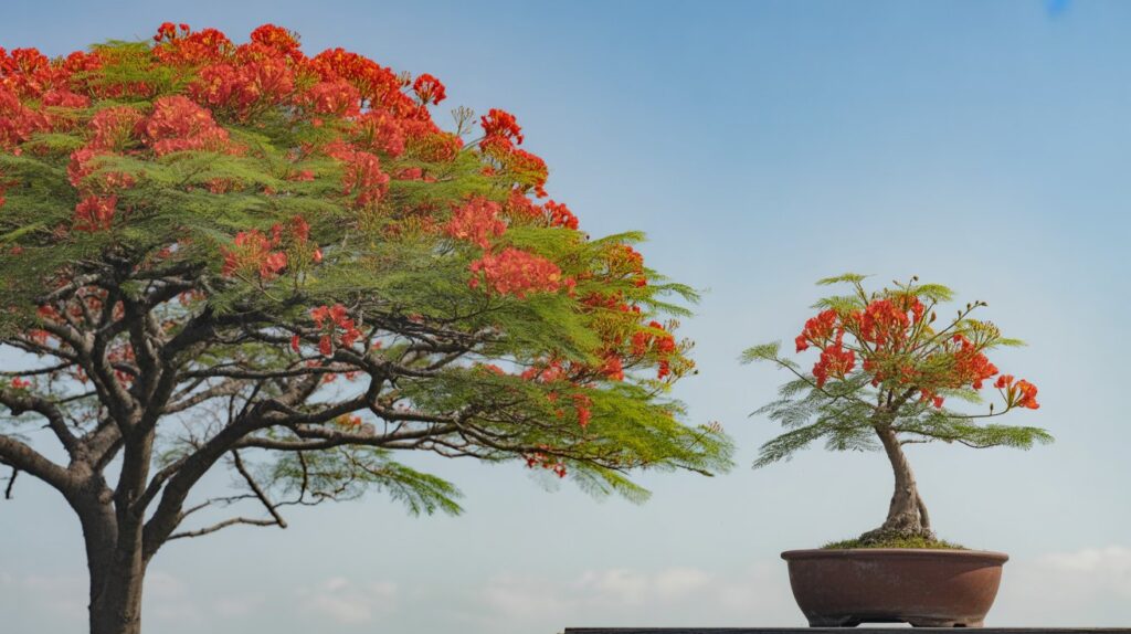 Comparison between a full-sized Royal Poinciana tree and a miniature bonsai version showing red-orange blossoms and green foliage